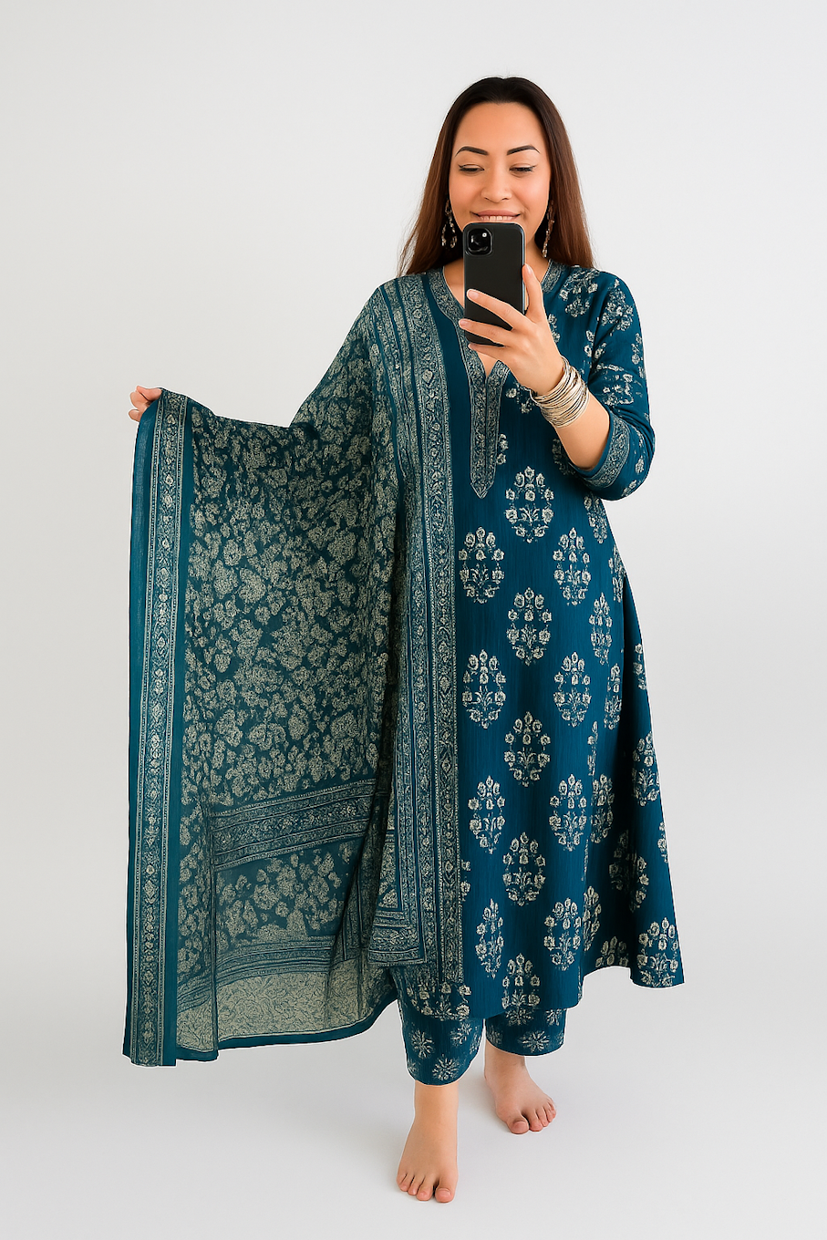 Cotton Kurti with Floral Print, Anarkali 3pc set, Teal (Size-M)