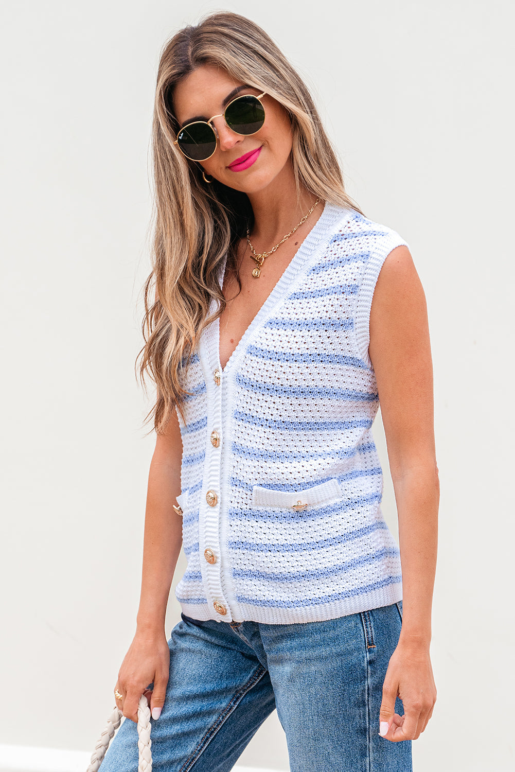 Veda V Neck Gold Buttons Elegant Sweater Vest-2