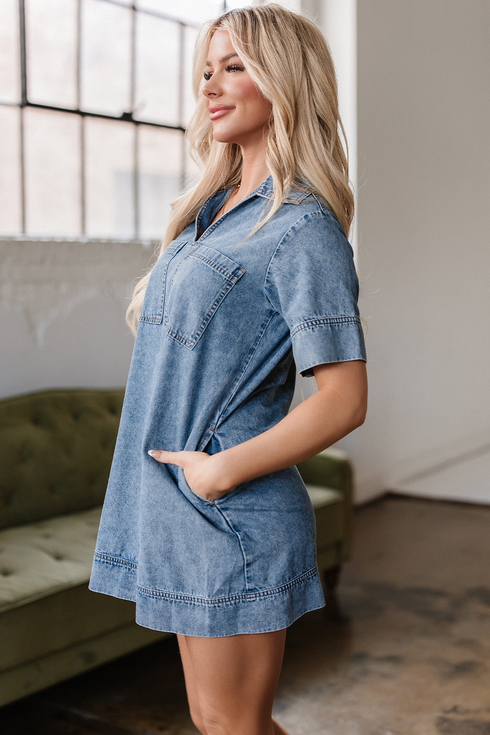 Makenzie Short Sleeve Collared Denim Dress-2
