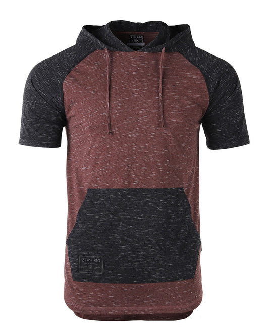 ZIMEGO Men's Short Sleeve Color Block Raglan Hoodie With Curved Hem - Black / Maroon