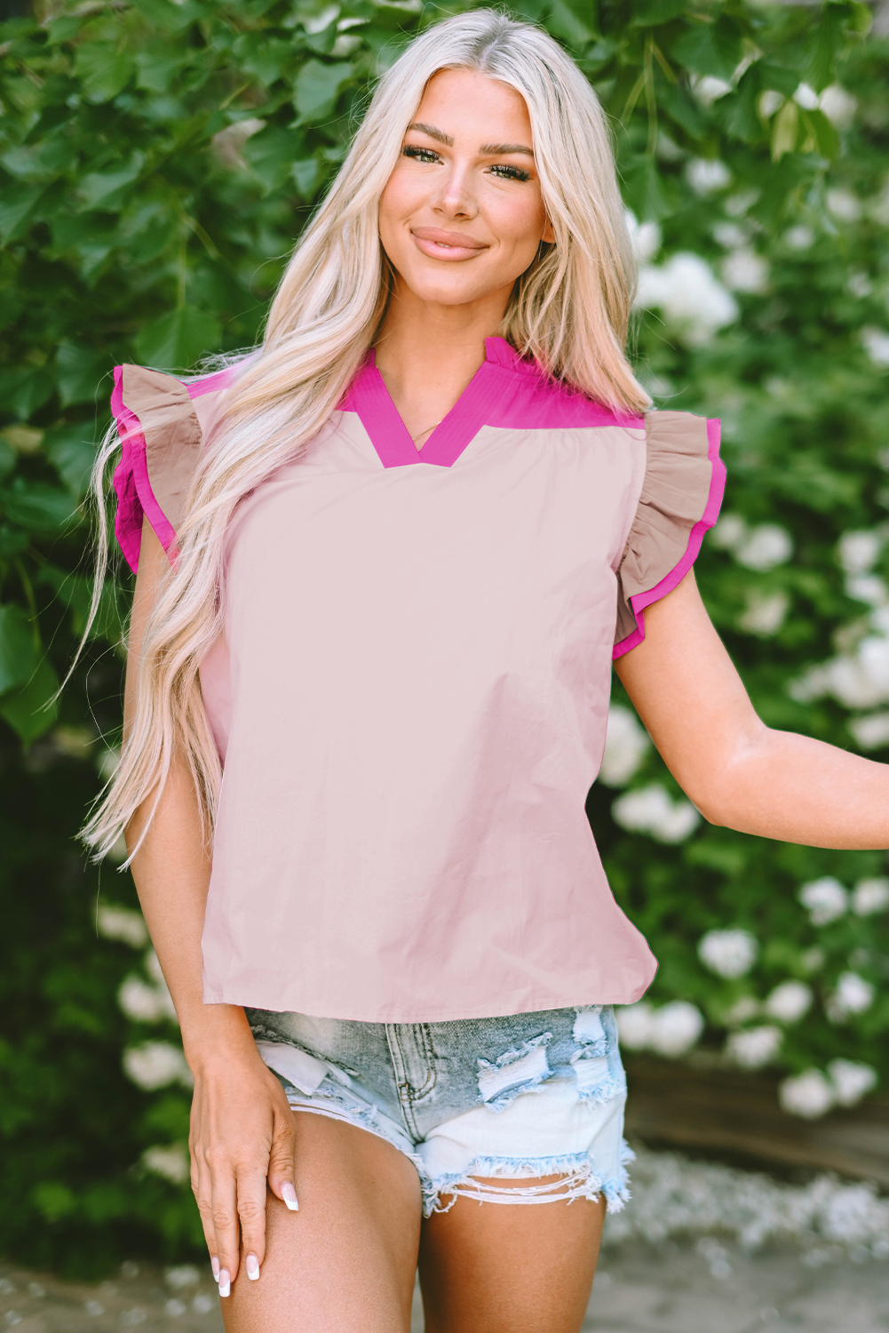 Maci Ruffled Sleeve Frill V Neck Blouse-3