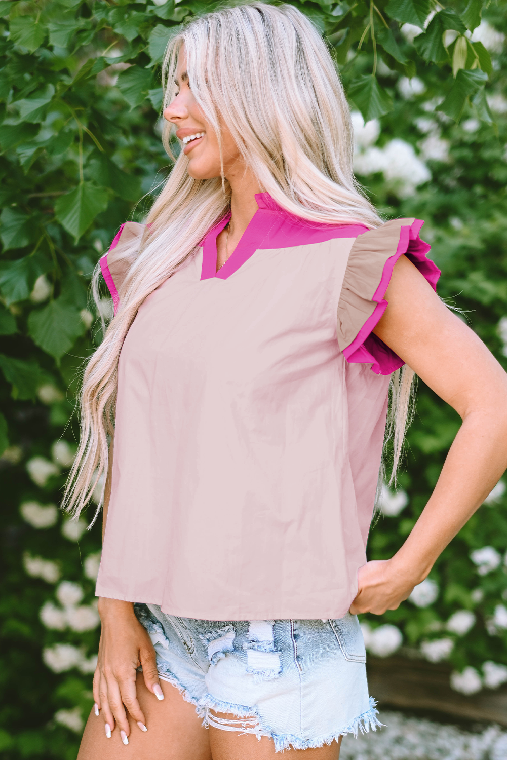 Maci Ruffled Sleeve Frill V Neck Blouse-2