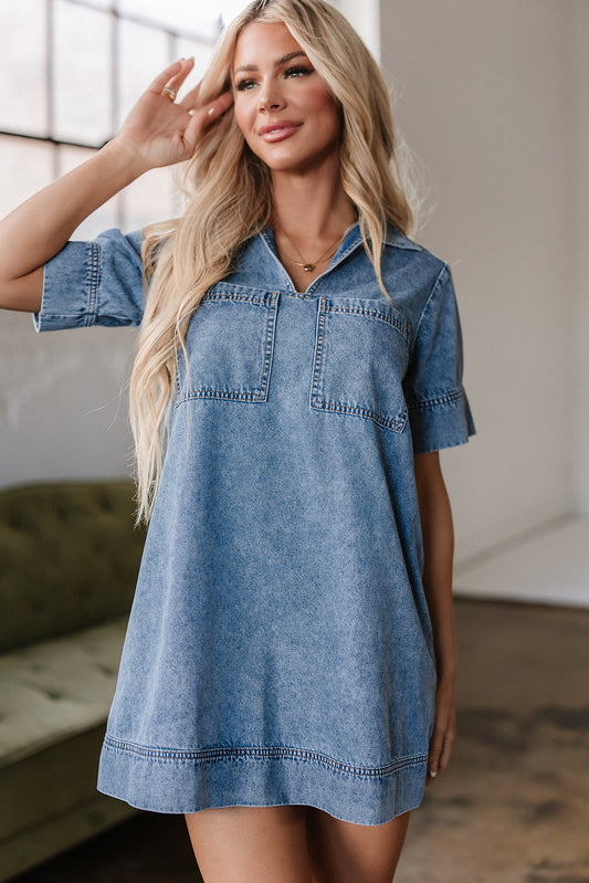 Makenzie Short Sleeve Collared Denim Dress-0