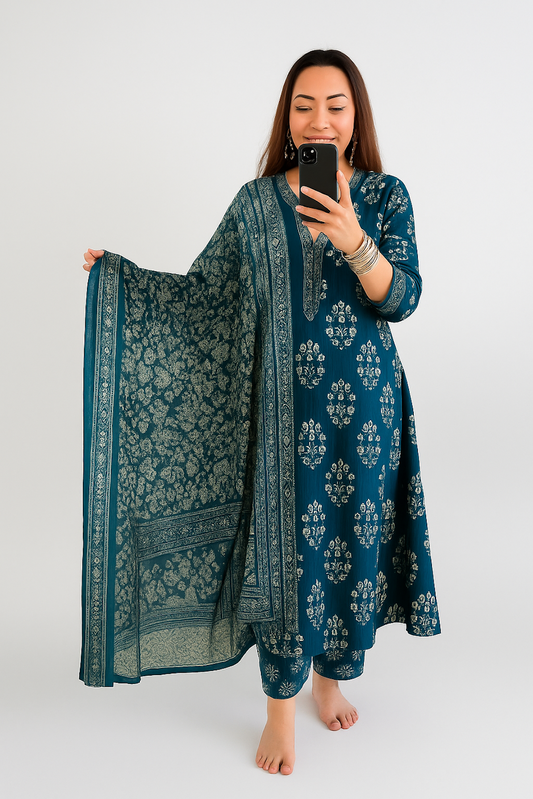 Cotton Kurti with Floral Print, Anarkali 3pc set, Teal (Size-M)